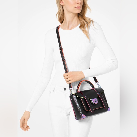 🔥🔥🔥Michael Kors Manhattan Black Leather Multicolor Top Handle Crossbody Bag - Picture 1 of 16